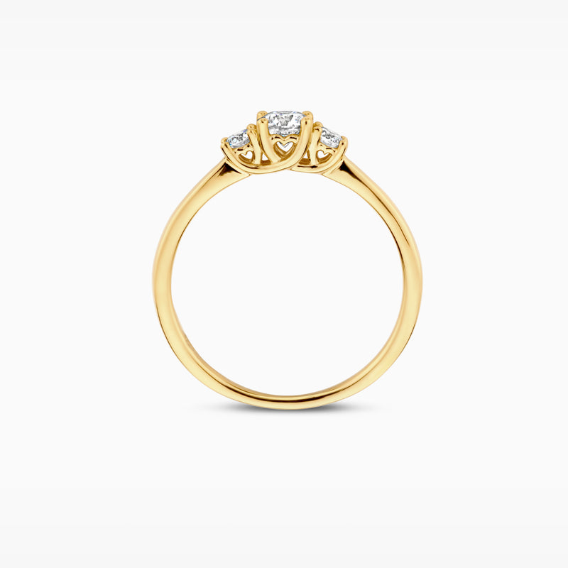14k geelgouden ring met centrale lab diamant en geslepen zijstenen.