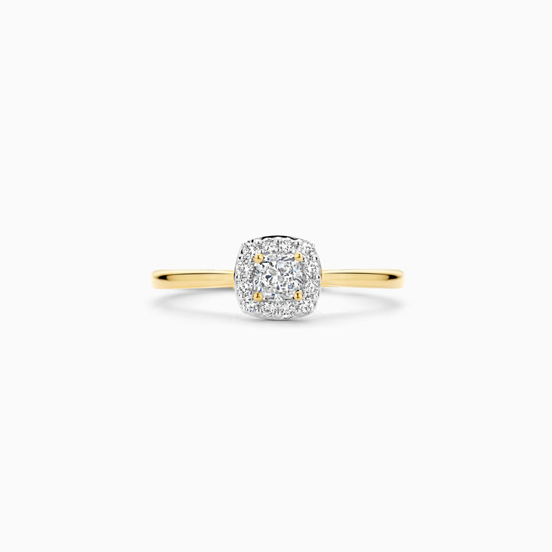 14k geelgouden ring met glanzende labdiamant en fijne band.
