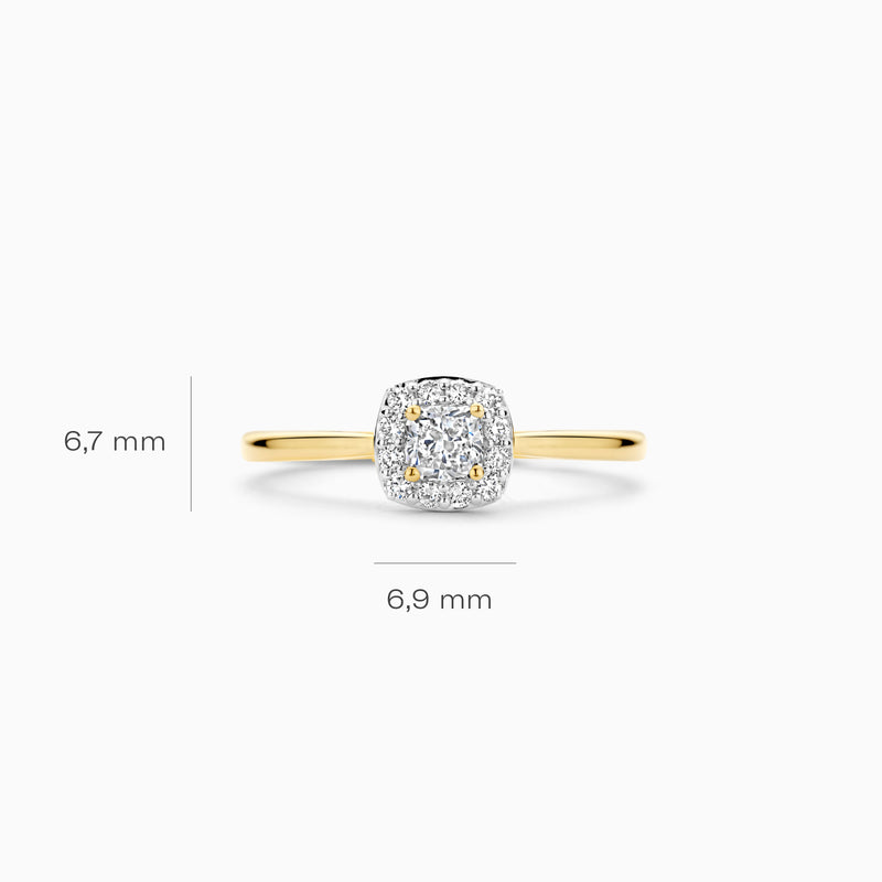 14k geelgouden ring met kussen geslepen lab diamant en fijne band, 6,9 mm breed.