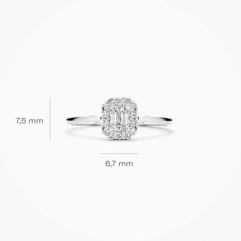 14k wit goud ring met rechthoekige lab diamant van 7,5 x 6,7 mm.
