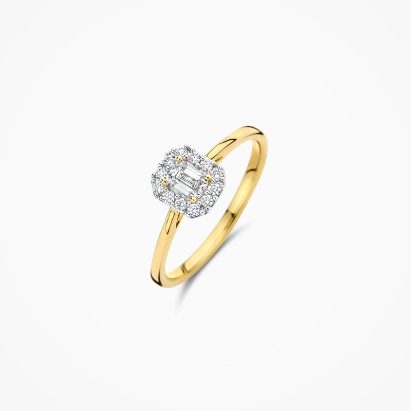 14k geelgouden ring met vierkante cluster van fonkelende lab diamanten, gerecycled goud.