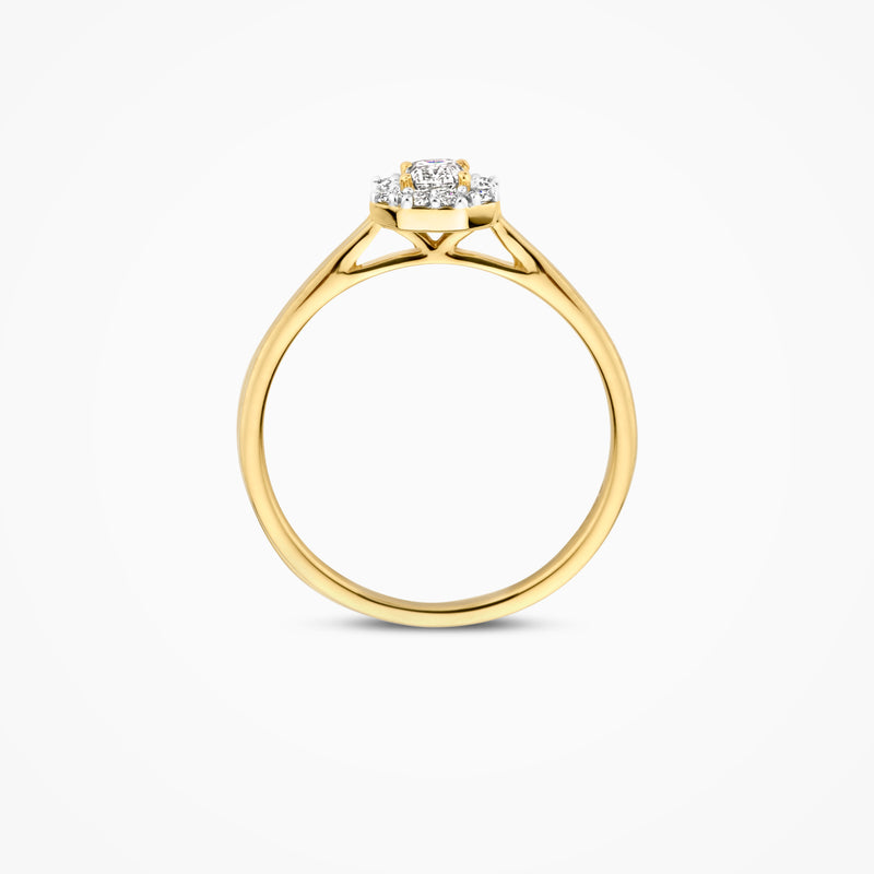 14k goud ring met ronde lab diamant en open zijkanten.