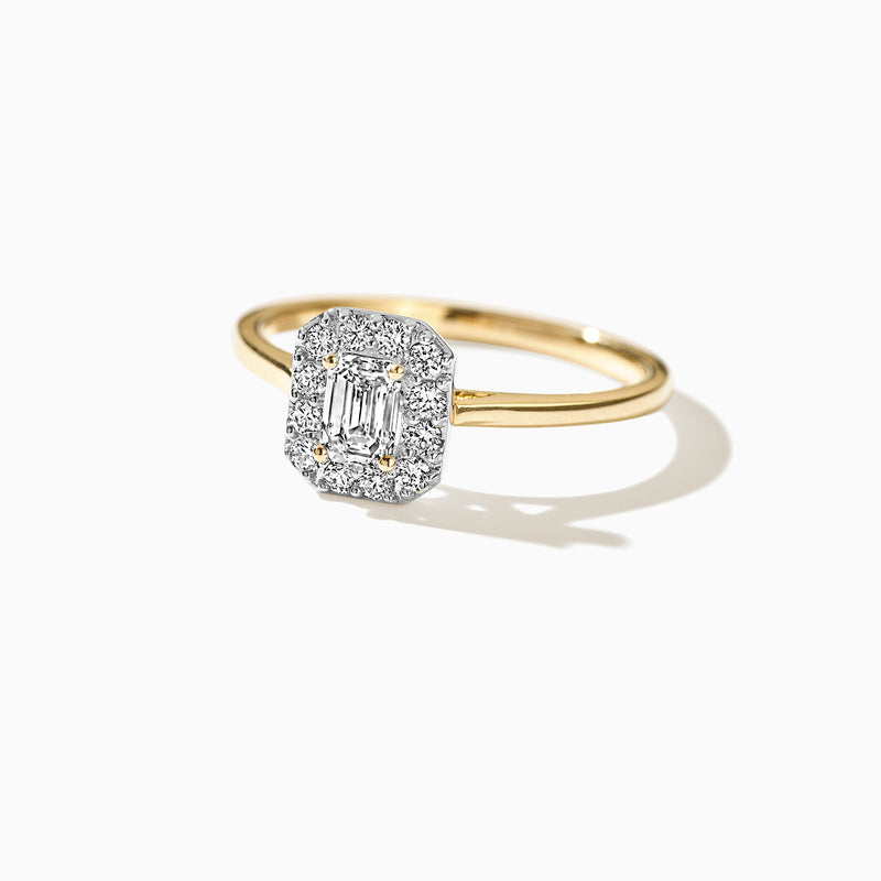 14k geelgouden ring met rechthoekige cluster van fonkelende labdiamanten, gerecycled goud.