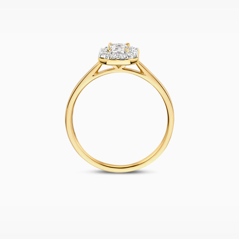 14k geelgouden ring met cluster van labdiamanten en gerecycled goud.