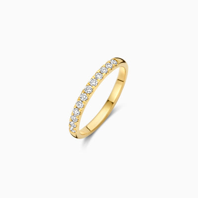 14k geelgouden ring met rij labdiamanten, gerecycled goud, smalle band.