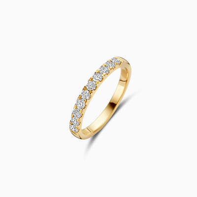 14k geelgouden aanschuifring met rij lab diamanten in half eternity stijl.