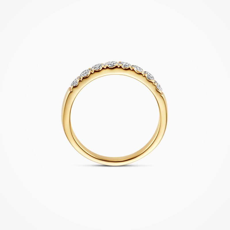 14k geelgouden aanschuifring met reeks fonkelende lab diamonds en gerecycled goud.