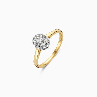 14k geelgouden ring met cluster van fonkelende labdiamanten van gerecycled goud.