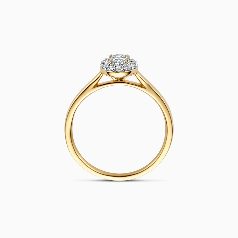 14k geelgouden ring met cluster van fonkelende labdiamanten en gerecycled goud.