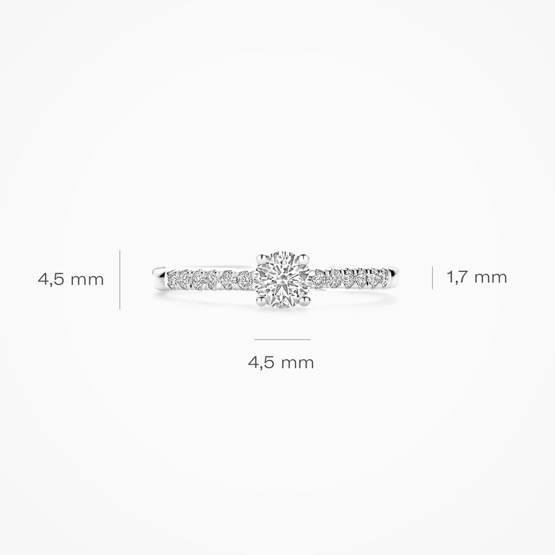 14k witgouden ring met centrale lab diamant en diamanten band van 4,5 mm breedte.