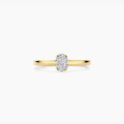 14k geelgouden aanschuifring met ovale lab diamond solitair in gerecycled goud.