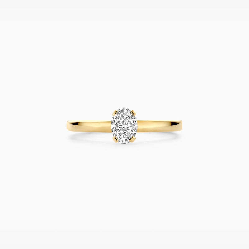 14k geelgouden aanschuifring met ovale lab diamond solitair in gerecycled goud.