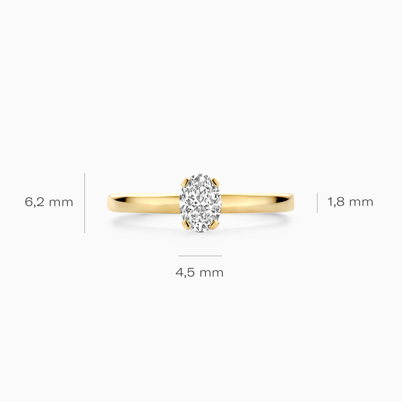 14k geelgouden solitair ring met ovale lab diamant en slanke band.