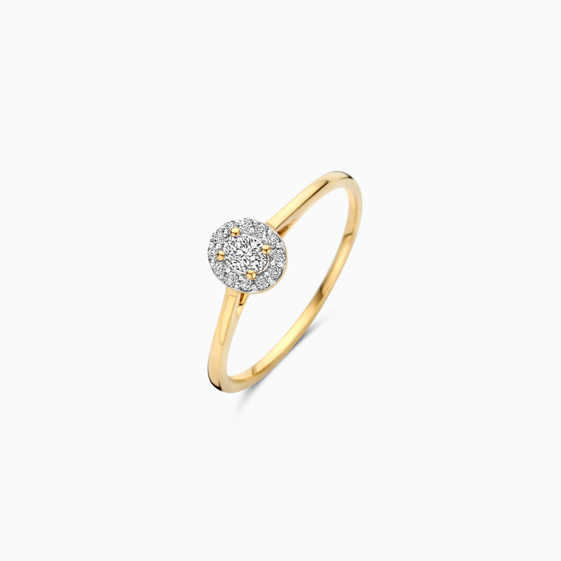 14k geelgouden ring met ronde cluster van fonkelende Lab Diamonds en gerecycled goud.