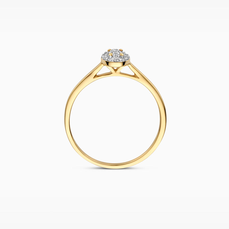 14k geelgouden ring met kleine cluster lab diamanten en fijne band.