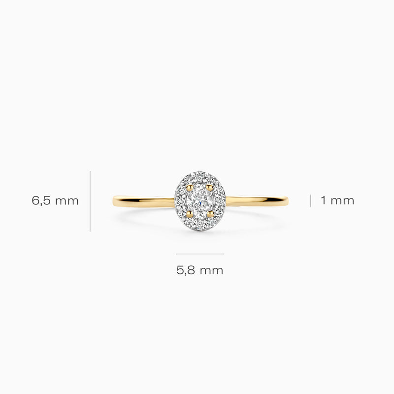 14k geelgouden aanschuifring met ovale briljant geslepen lab diamant van 5,8 mm, 1 mm bandhoogte.