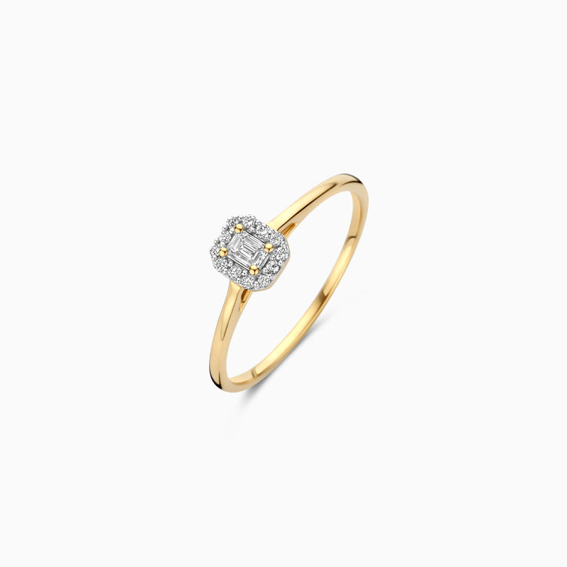 14k geelgouden ring met kleine Lab Diamonds cluster en gerecycled goud.