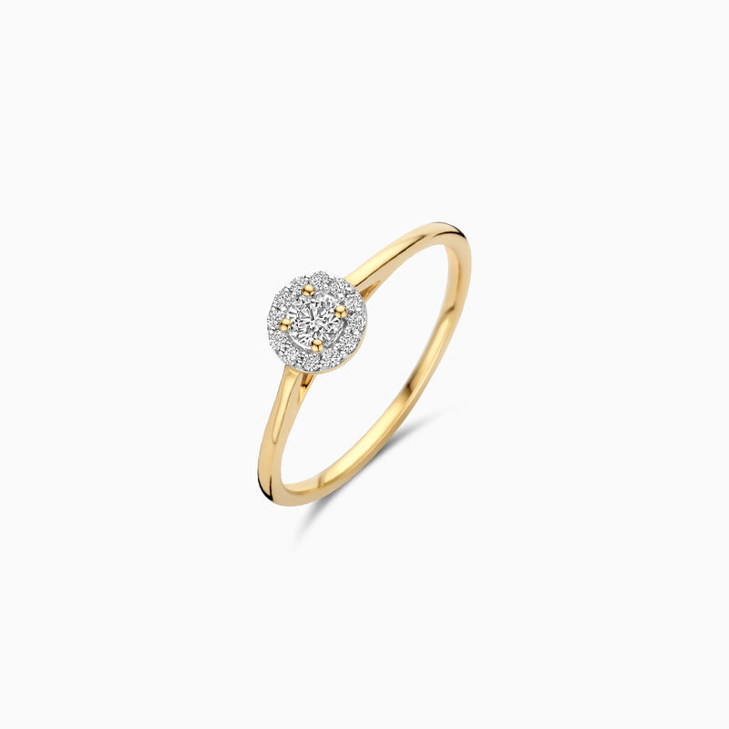 14k geelgouden ring met ronde cluster van glinsterende lab diamonds, gerecycled goud.