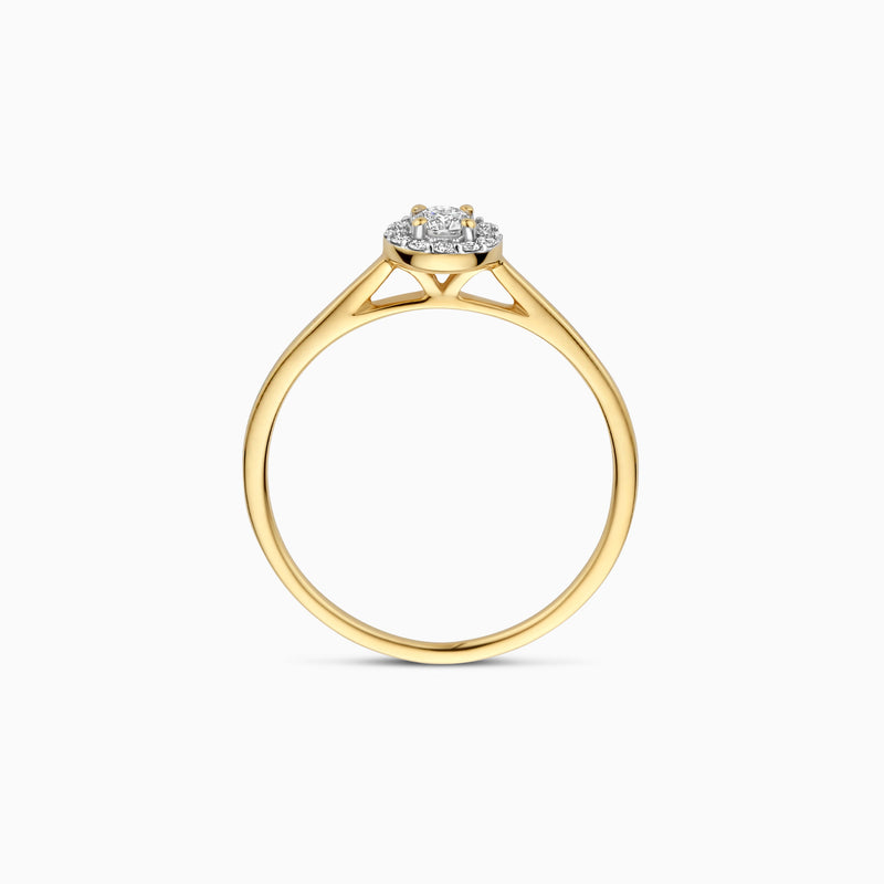 14k geelgouden ring met fonkelende lab diamant en slanke band.