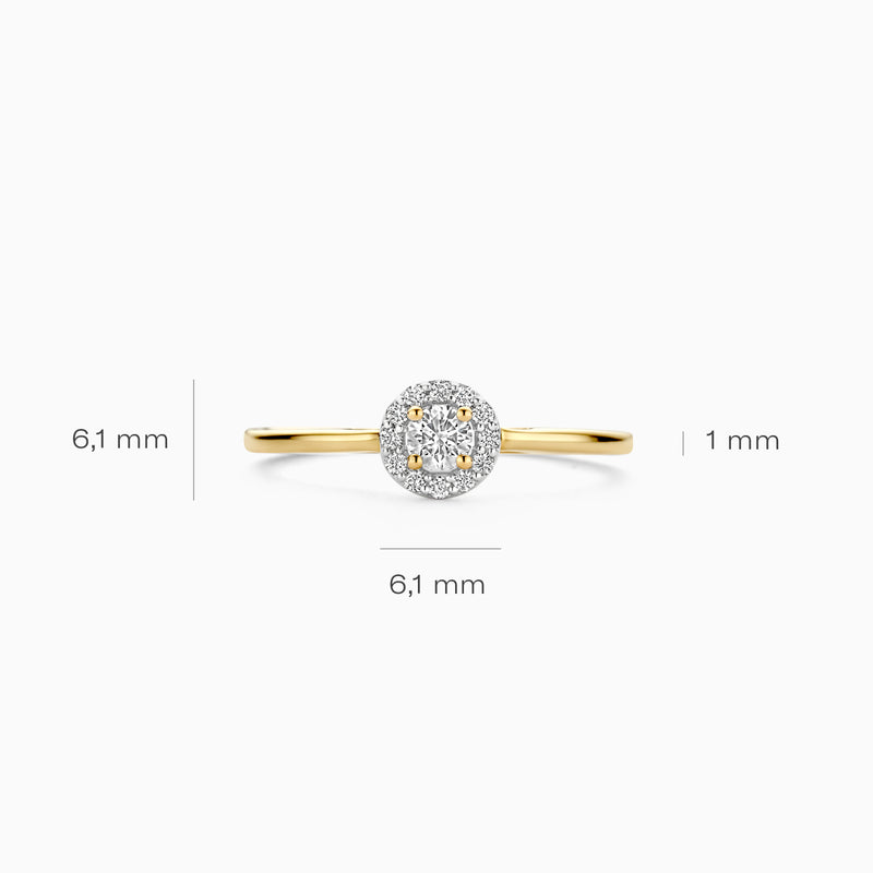 14k geelgouden ring met kleine ronde lab diamant en fijne band van 1 mm breedte.