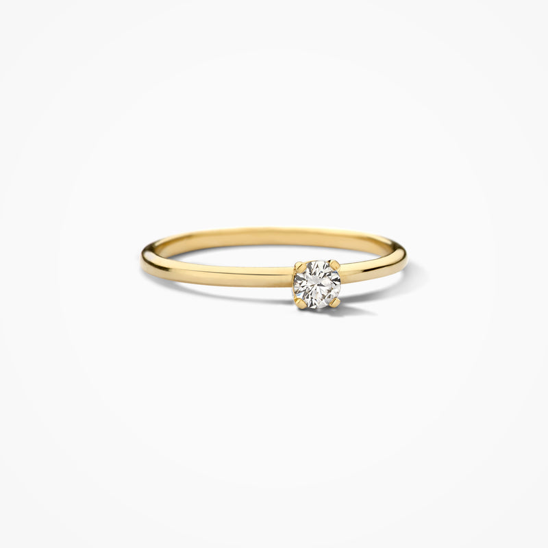 14k geelgouden aanschuifring met solitaire lab diamant en gerecycled goud.