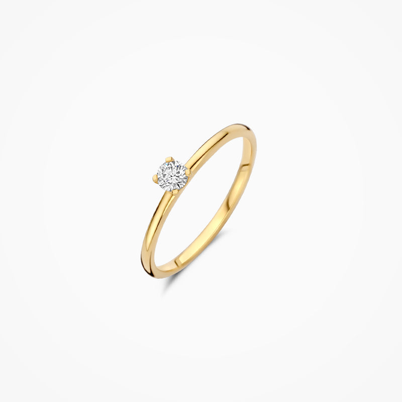 14k geel gouden solitair ring met lab diamant en fijne band.