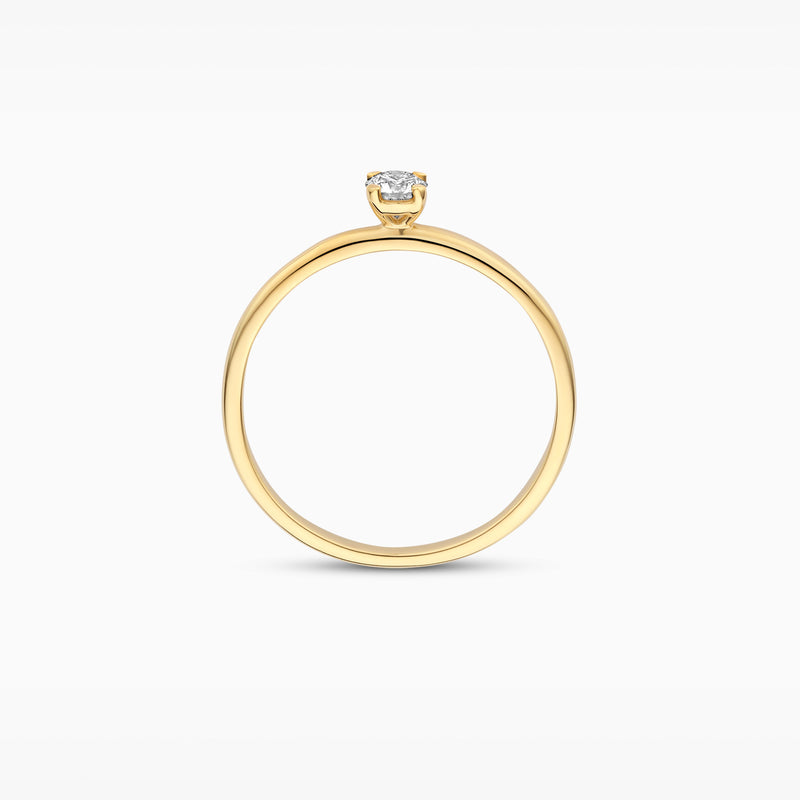 14k goud solitair ring met ronde lab diamant en smalle band.