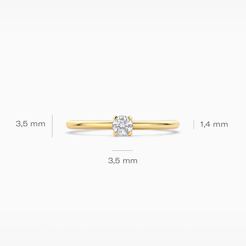 Solitair ring van 14k goud met kleine diamant, band 1,4 mm breed, steen 3,5 mm diameter.