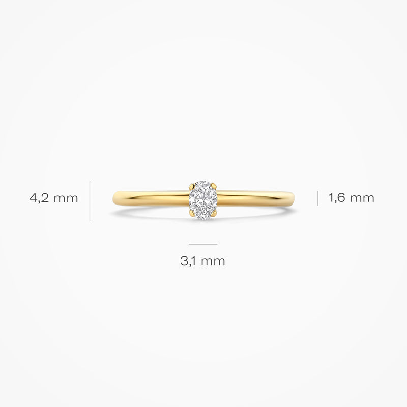 14k goud aanschuifring met kleine solitaire lab diamant, 1,6 mm bandbreedte.