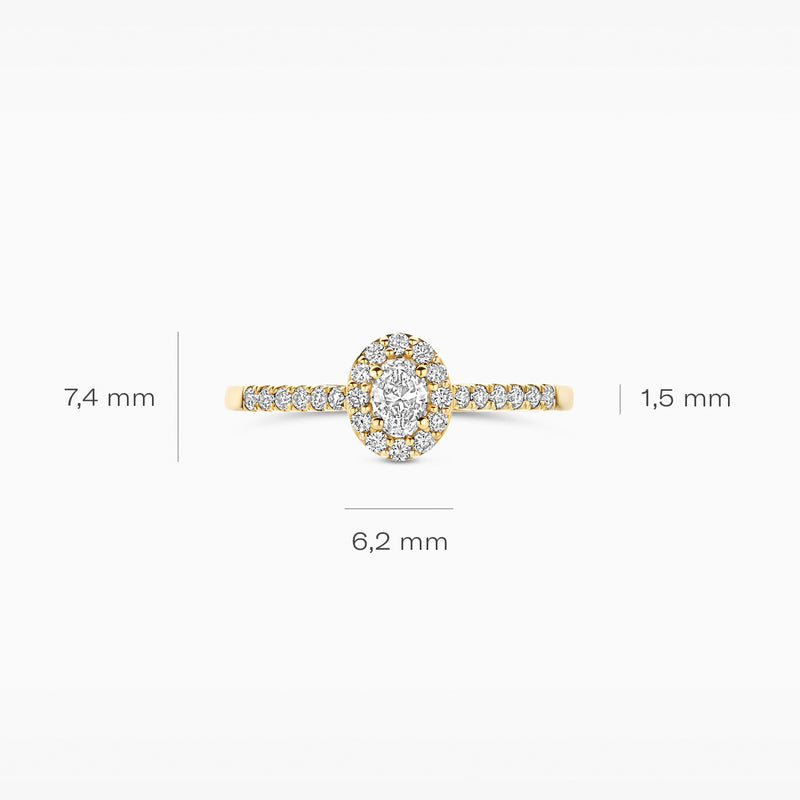 14k goud ring met ovale lab diamanten en smalle band van 1,5 mm.