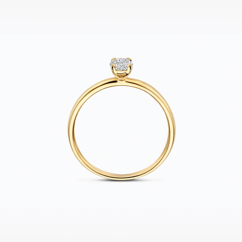 Bague en or jaune 14 carats avec Diamant de synthèse ovale, vue de profil.