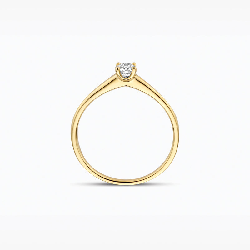 Bague en or jaune 14 carats avec Diamant de synthèse ronde, vue de profil.