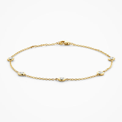 Armband van 14k geel goud met fijne schakels en vijf insettes van fonkelende Lab Diamonds.
