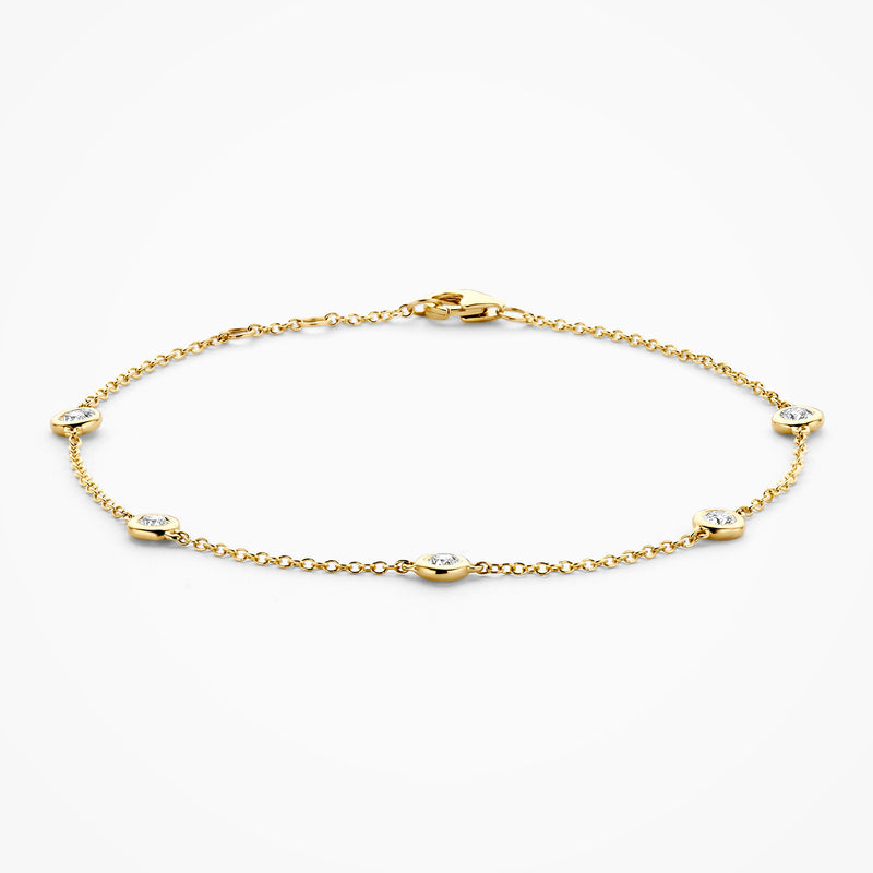 Armband van 14k geel goud met fijne schakels en vijf insettes van fonkelende Lab Diamonds.