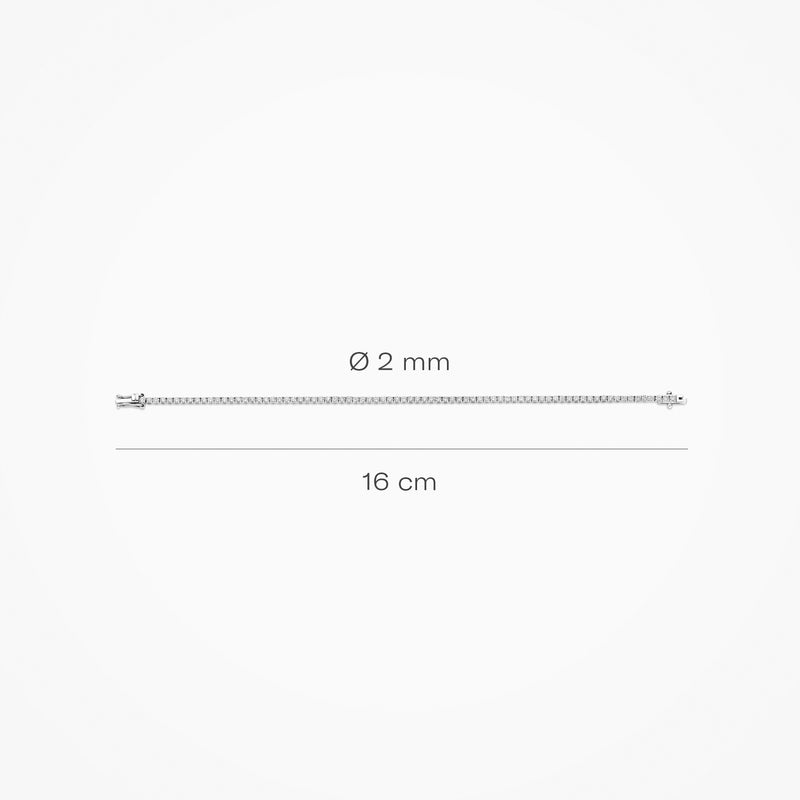 Fijne armband van 14k wit goud met lab diamonds en een diameter van 2 mm, lengte 16 cm.