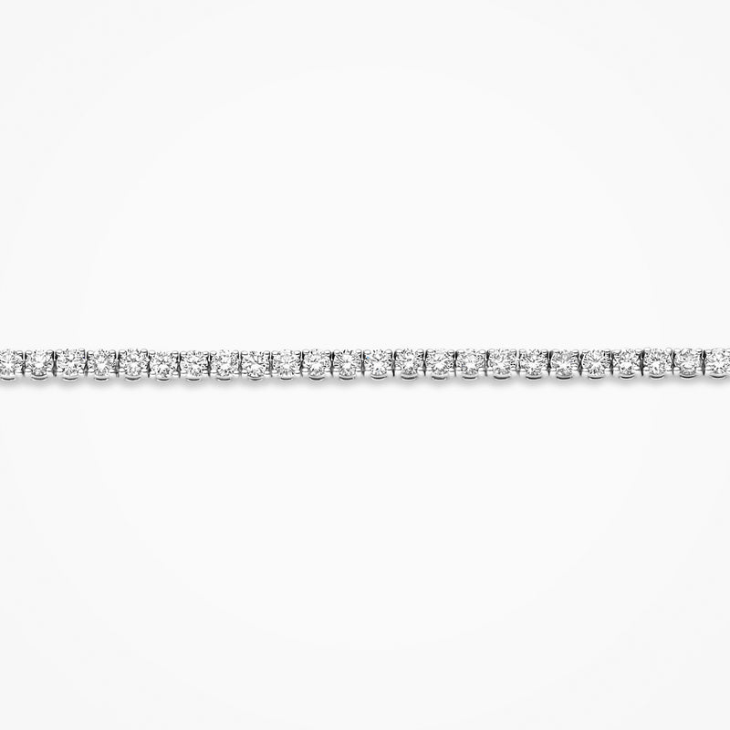 Lab grown diamanten tennisarmband van 14k witgoud met briljanten in strakke rij, zijaanzicht.