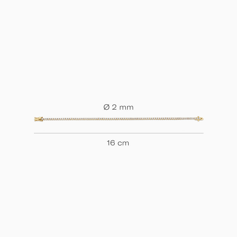 Fijne armband van 14k geelgoud met labdiamanten, 16 cm lang, 2 mm dik.