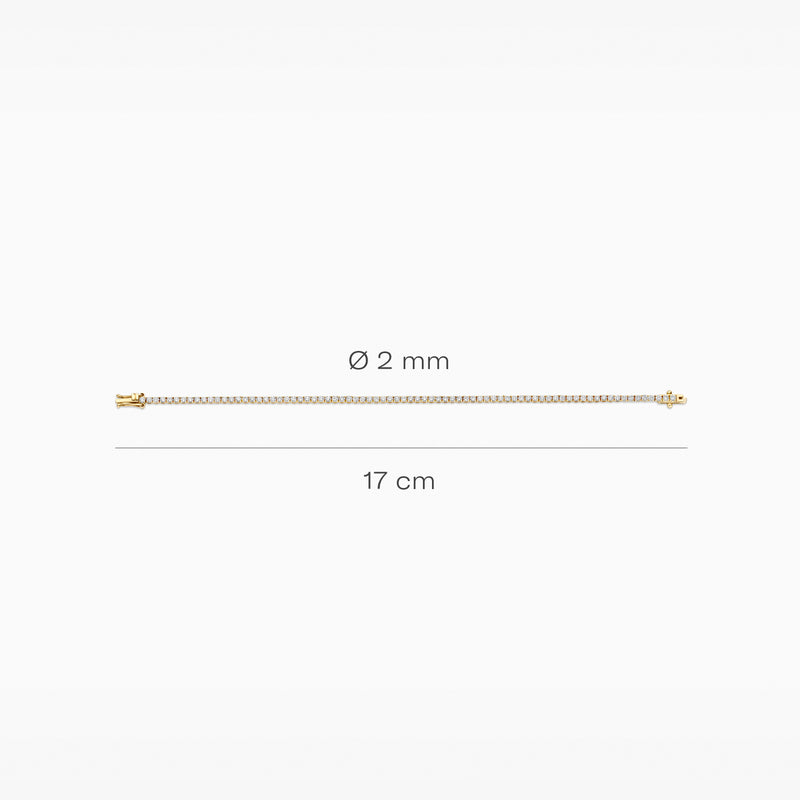 Fijne armband van 14k wit goud met kleine lab diamanten, 17 cm lang, 2 mm breed.