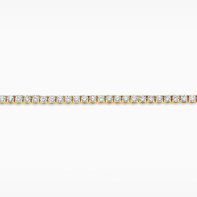 Lab grown diamanten tennisarmband in 14k geelgoud met stralende briljanten in ronde zetting, zijaanzicht.