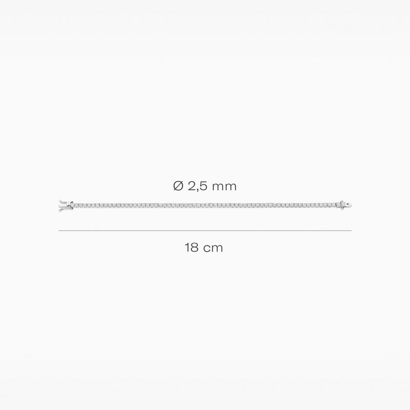 Fijne armband van 14k wit goud met lab diamanten, 18 cm lang, 2,5 mm breed.