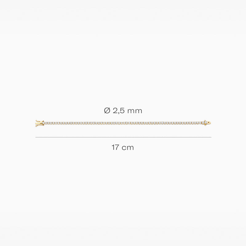 14k geelgouden armband met fijne schakels, 17 cm lang, 2,5 mm breed.