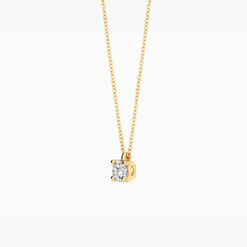 14k geelgouden collier met solitaire lab diamant en fijne schakels.