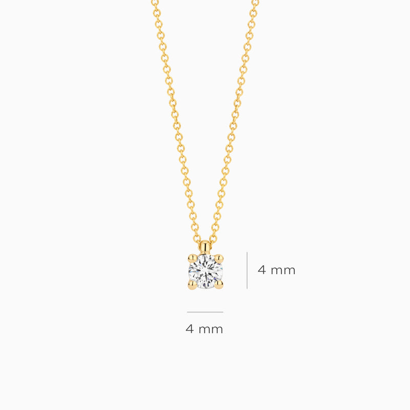 Labdiamanten collier met 4mm hanger in 14k geelgoud, fijne ketting detail.