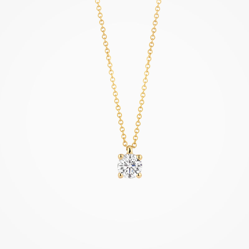 14k geelgouden collier met solitaire lab diamant hanger en fijne schakels.