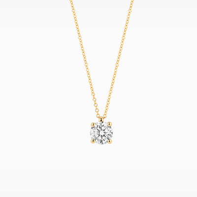 14k geelgoud collier met ronde lab diamond solitaire hanger en fijne schakelketting.