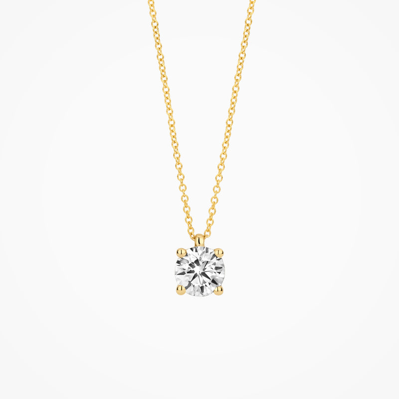 14k geelgouden collier met ronde lab diamond hanger en fijne schakelketting.