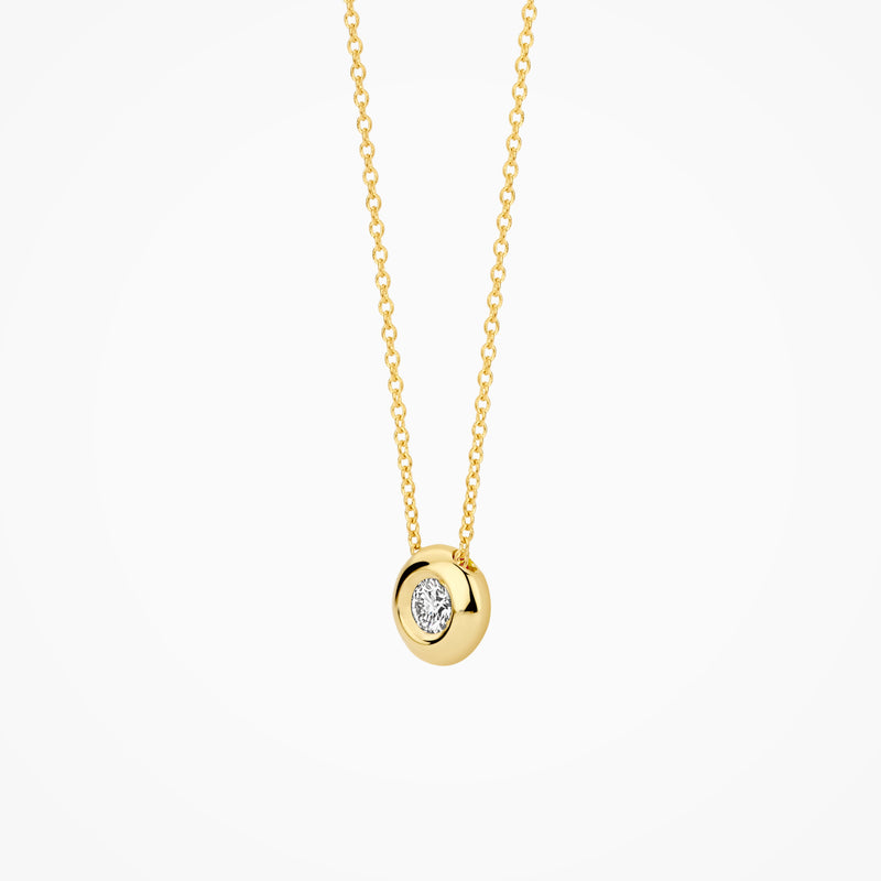 14k geelgouden collier met ronde Lab Diamond in gesloten zetting van gerecycled goud.