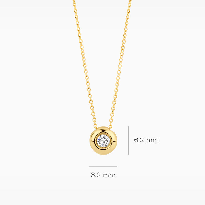 14k geelgouden collier met ronde lab diamant van 6,2 mm in bezel zetting.