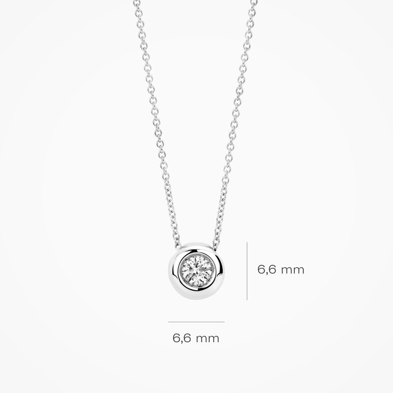 14k witgouden collier met ronde lab diamant van 6,6 mm in zilverkleurige zetting.