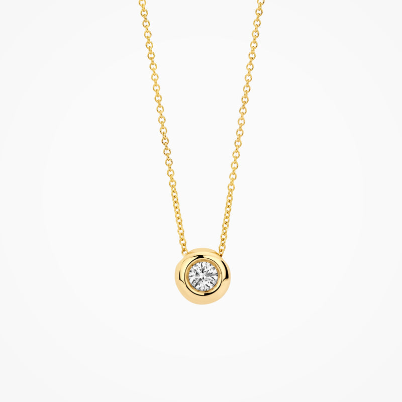 14k geelgouden collier met een ronde lab diamant hanger en gerecycled goud.